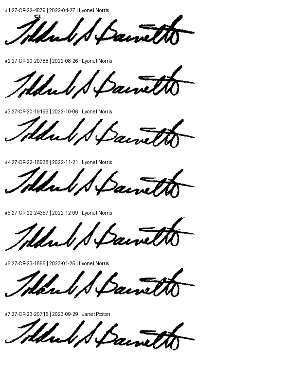 Signature comparison: 7 Judge Toddrick S. Barnette approval signatures stacked