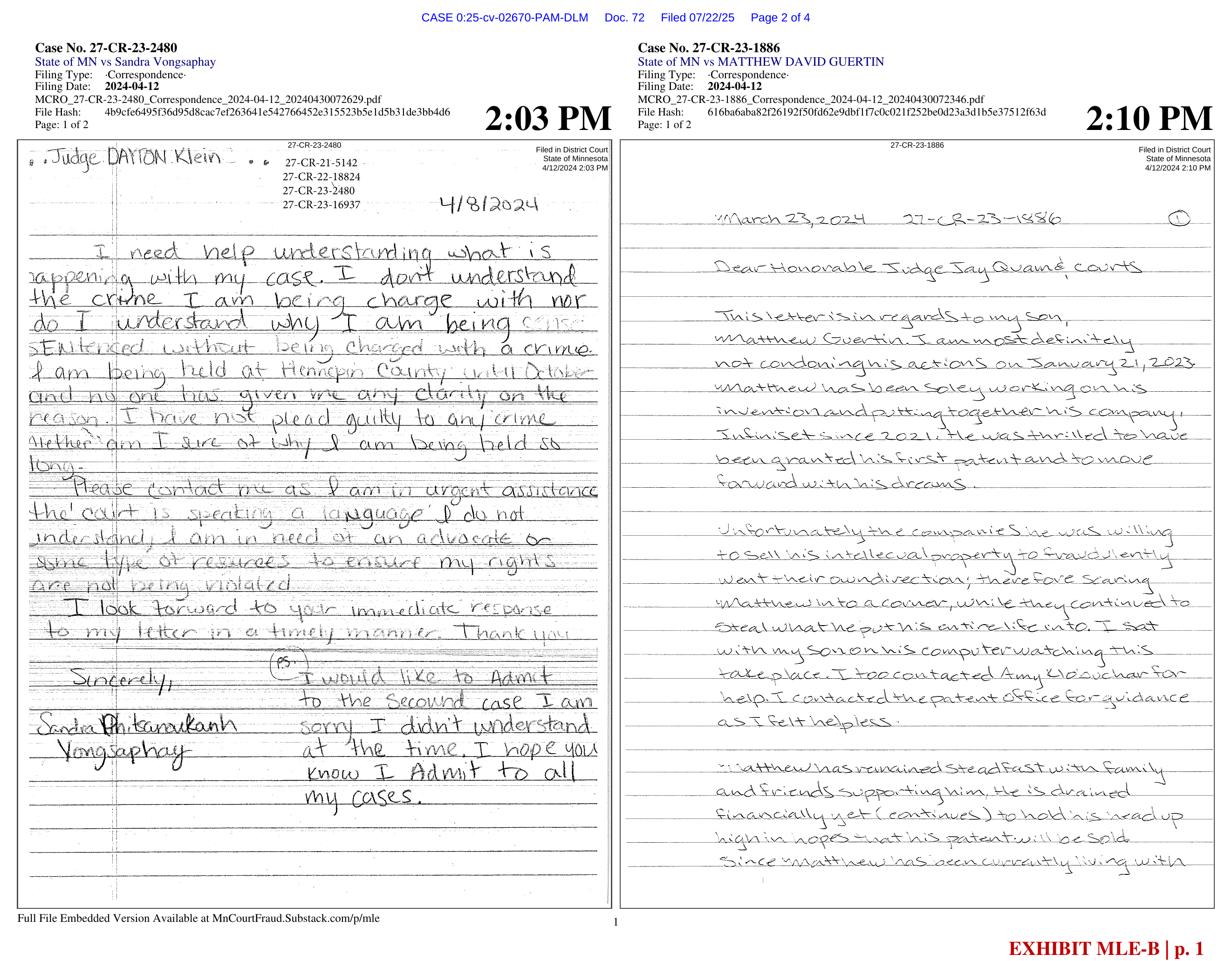 Side-by-side handwritten letters, Vongsaphay (left) and Mother's (right) — click to enlarge