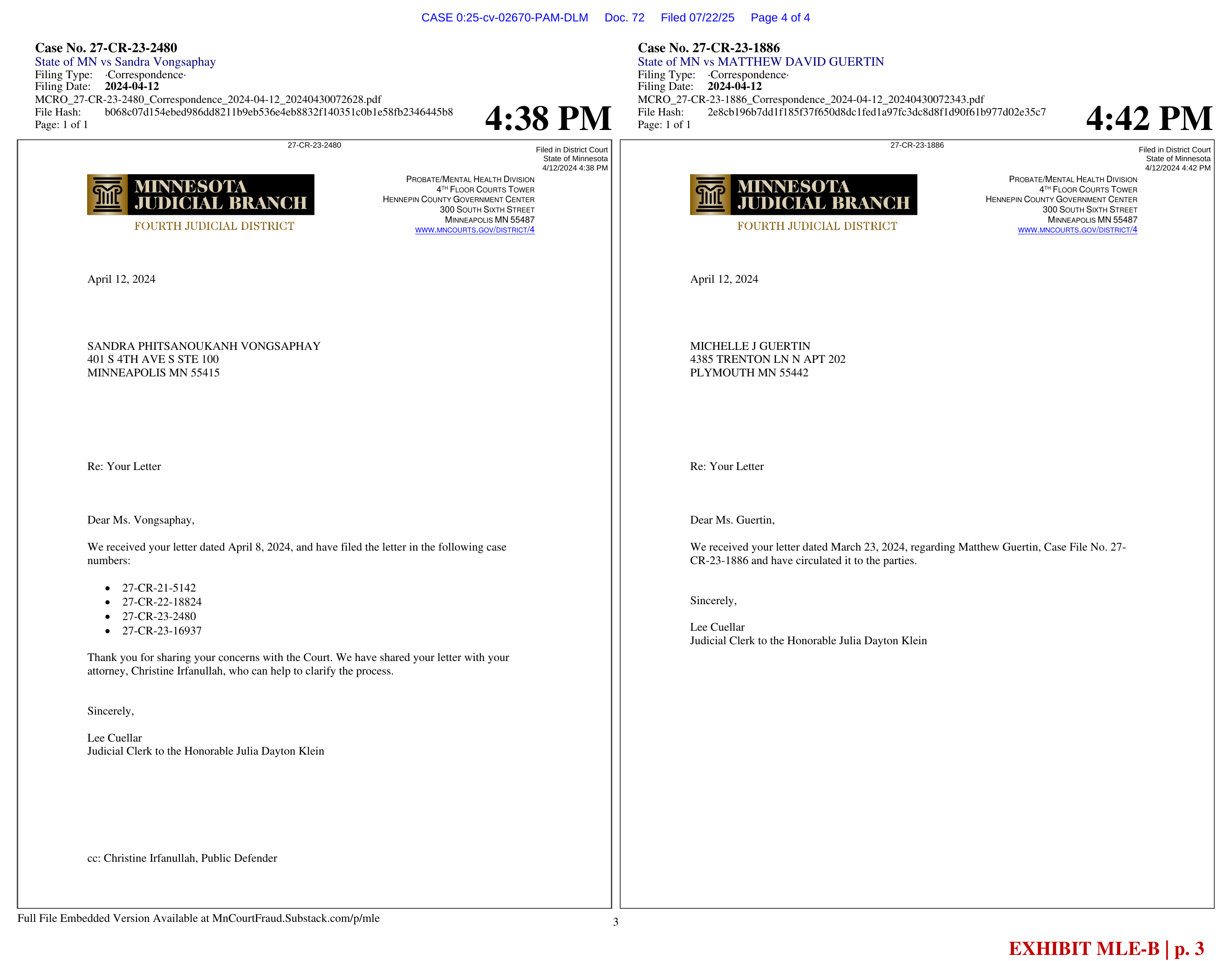 EXHIBIT MLE-B page 4 — side-by-side cloned response templates, click to enlarge