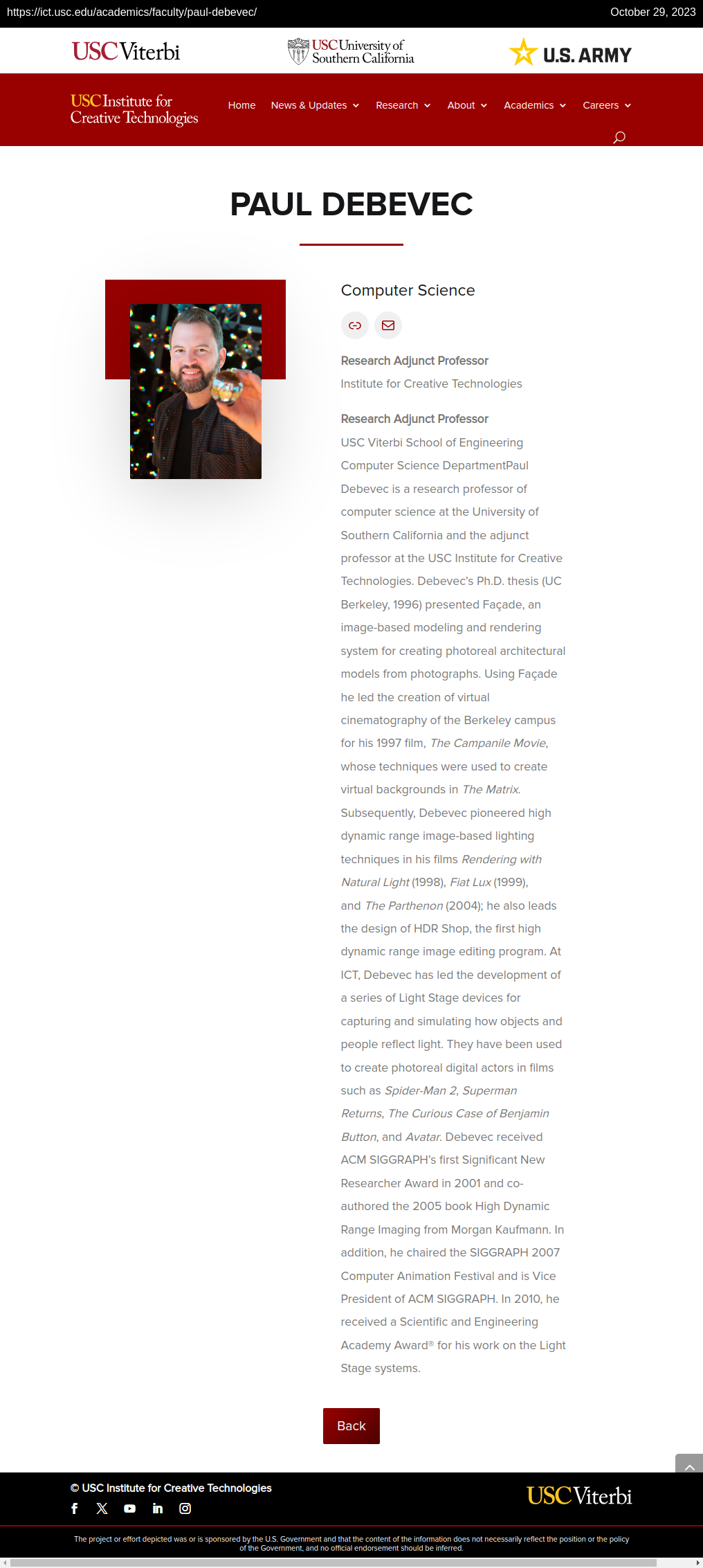 USC-ICT faculty page with Army logo — full capture