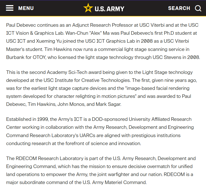 USC-ICT faculty page header with U.S. Army logo and Paul Debevec profile