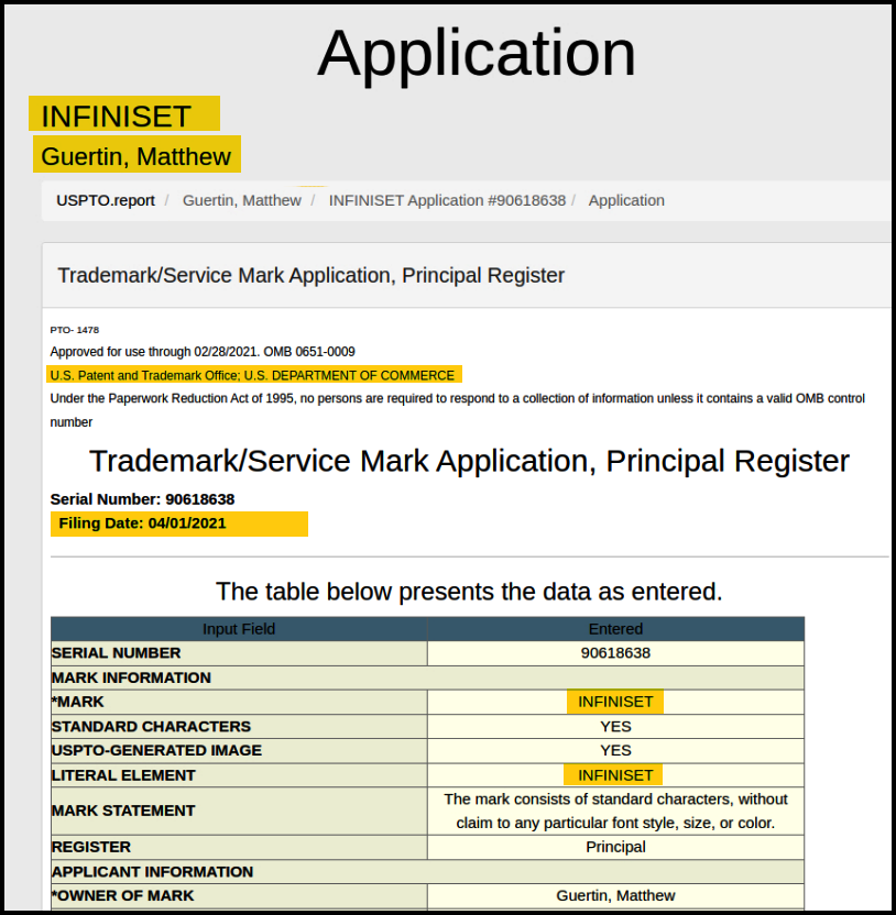 Guertin's USPTO InfiniSet trademark application