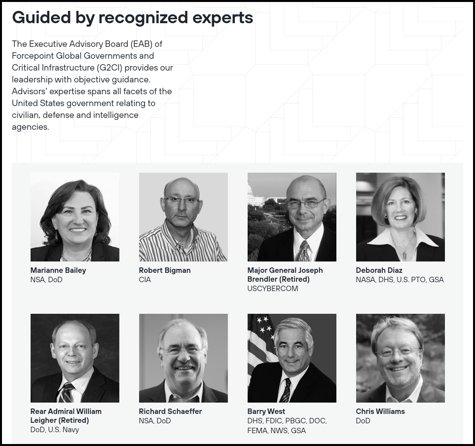 Forcepoint Executive Advisory Board — NSA, CIA, USCYBERCOM, DHS, DoD, NASA, U.S. Navy